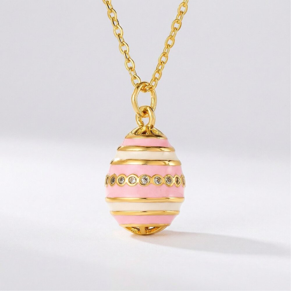 Pink & White Easter Egg Necklace, Glimmering Rhinestones,